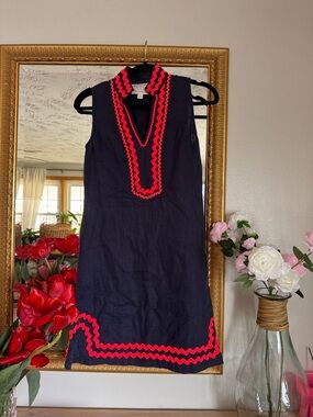 NWOT Sail to Sable LINEN Navy and Red embroidered Sleeveless Dress